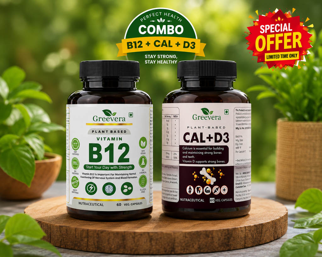 Greevera Plant-Based Vitamin B12 + Calcium + Vitamin D3 Combo for Men & Women | Energy, Bone & Nerve Health Support