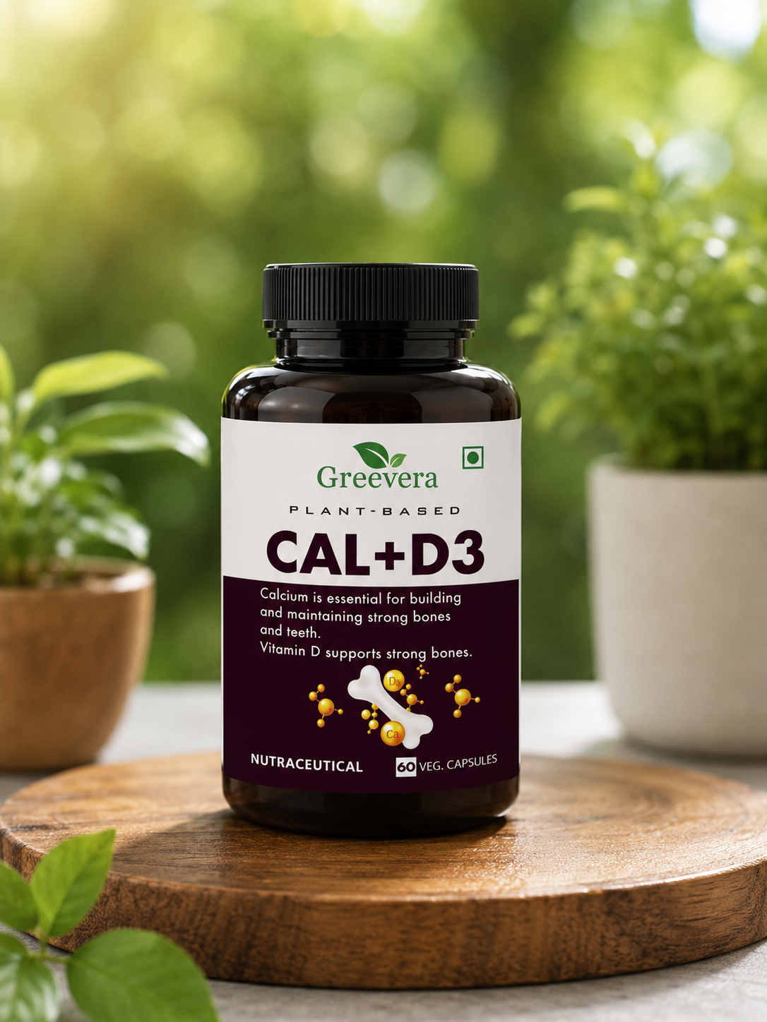 Greevera Plant-Based Calcium + Vitamin D3 Capsules | Bone, Teeth & Muscle Support | High Absorption Formula