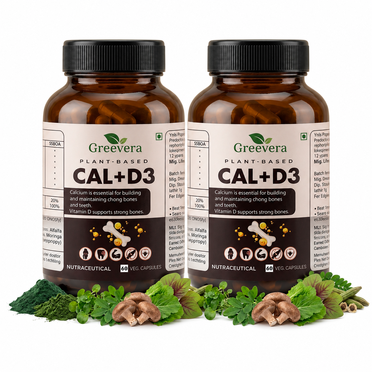 Greevera Plant-Based Calcium + Vitamin D3 Capsules | Bone, Teeth & Muscle Support | High Absorption Formula