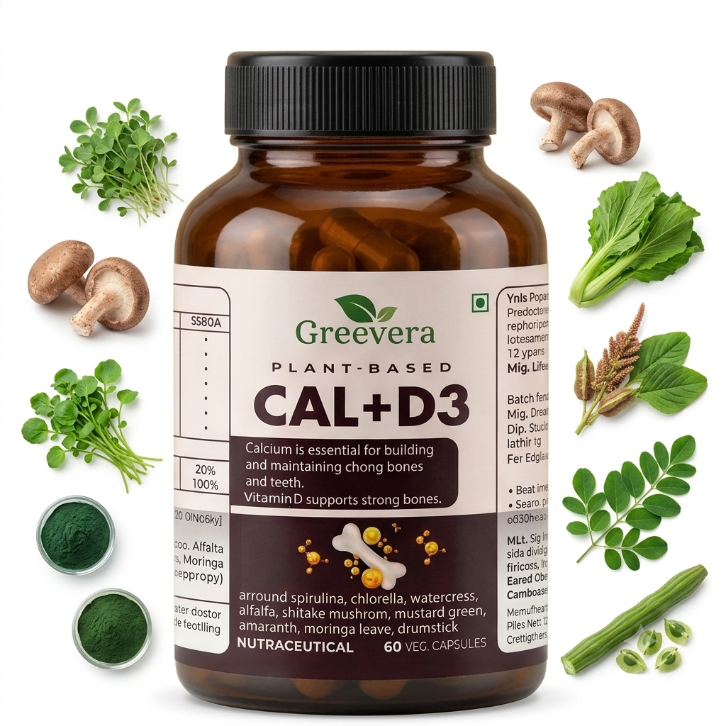 Greevera Plant-Based Calcium + Vitamin D3 Capsules | Bone, Teeth & Muscle Support | High Absorption Formula