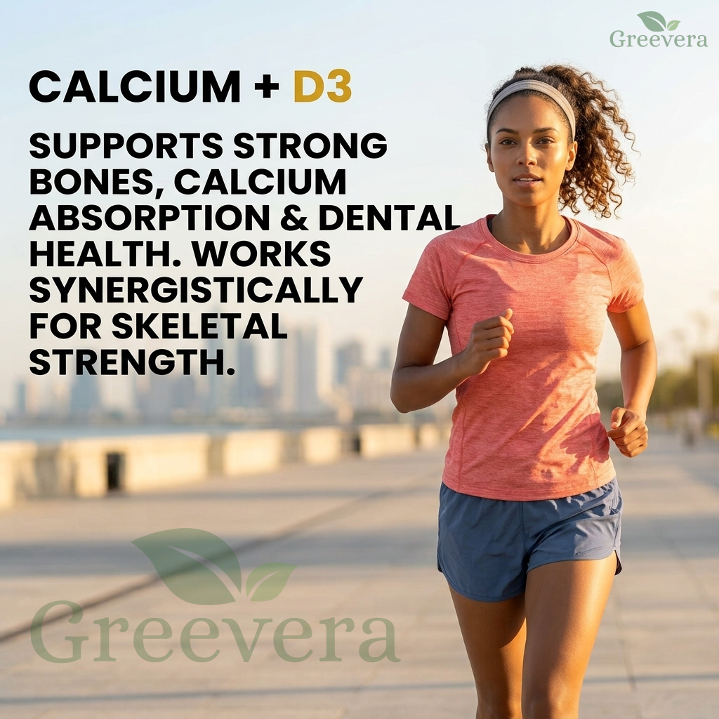 Greevera Plant-Based Calcium + Vitamin D3 Capsules | Bone, Teeth & Muscle Support | High Absorption Formula